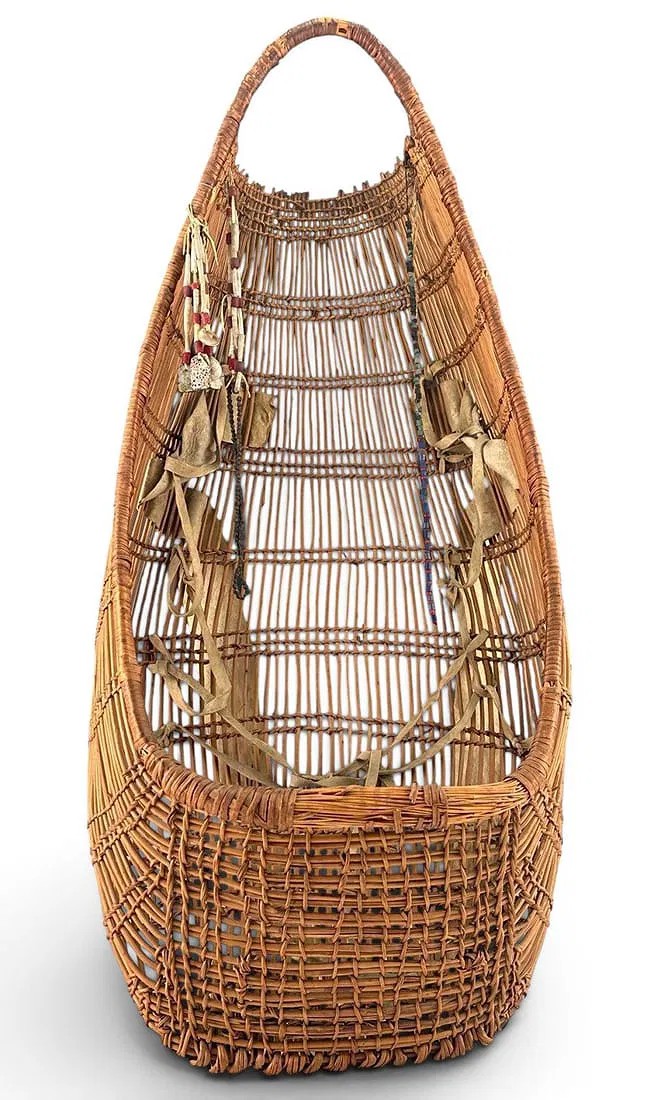 Hupa Yurok Karuk Native American Basketry Cradleboard With Glass & Shell Beads