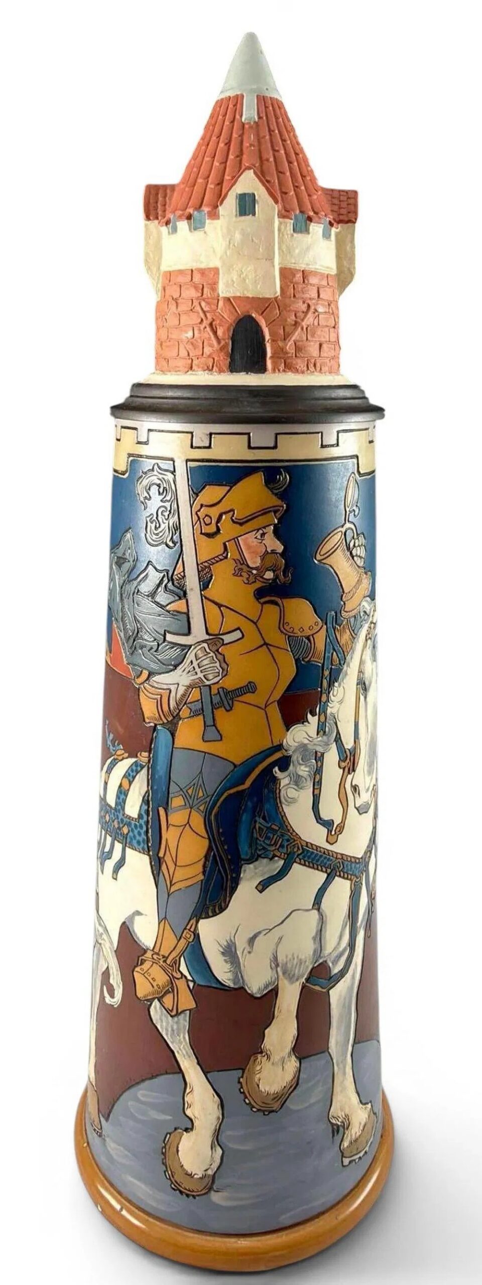 Mettlach Knight On A White Horse 6 Liter Turret Stein, No. 2764, Heinrich Schlitt