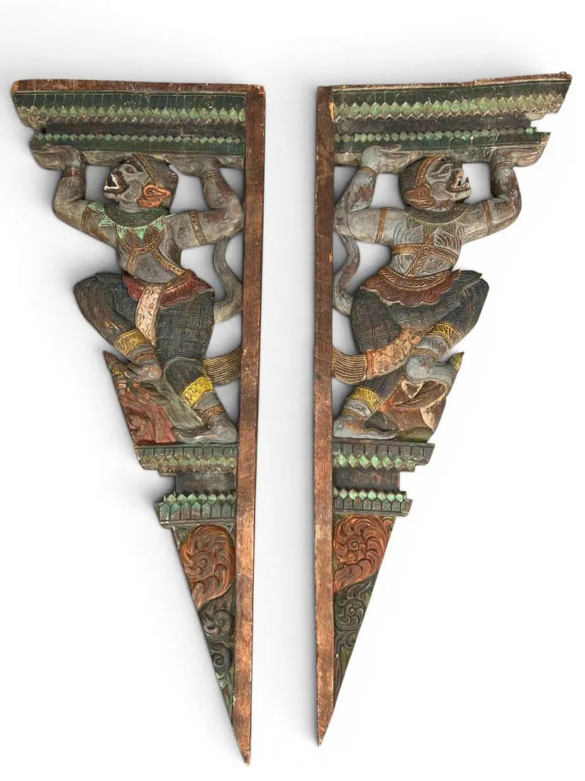 Pair Of Balinese Carved Wood Monkey Figural Corbels