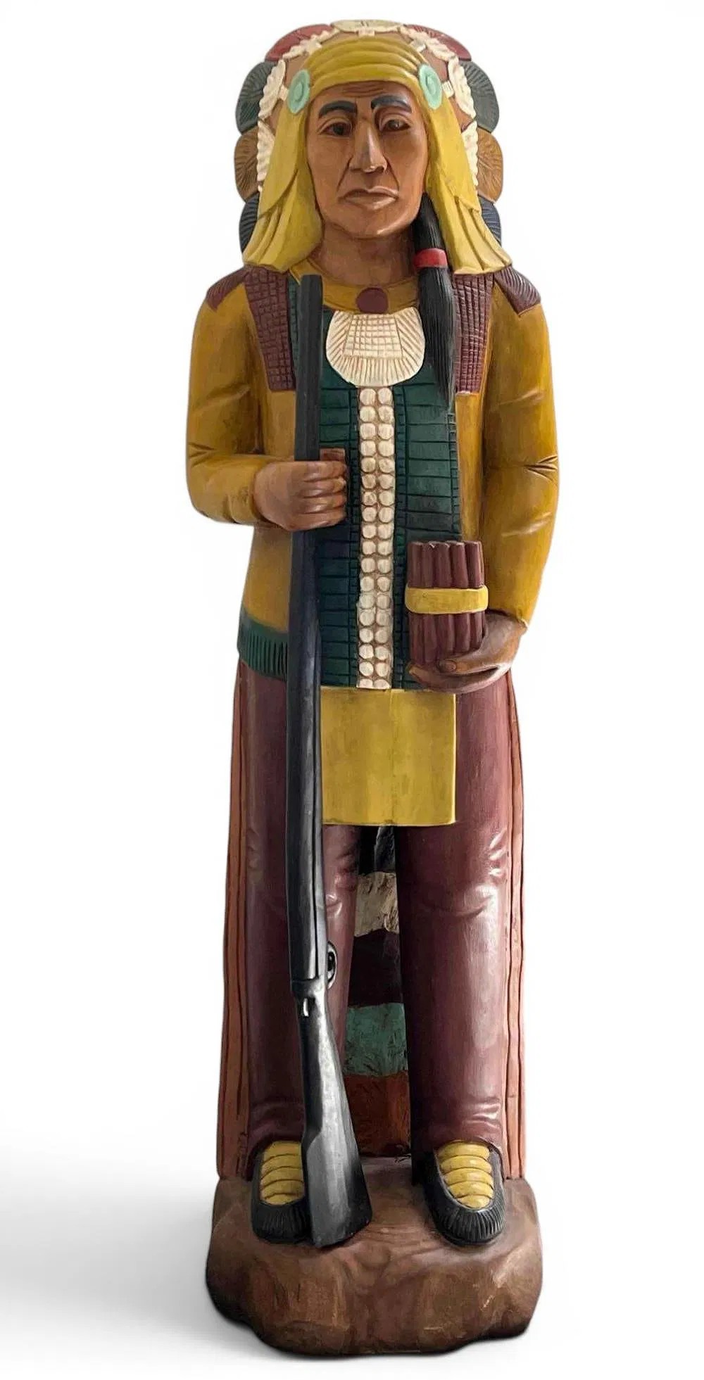 Large Vintage Carved Wood Cigar Store Indian Figure With Rifle