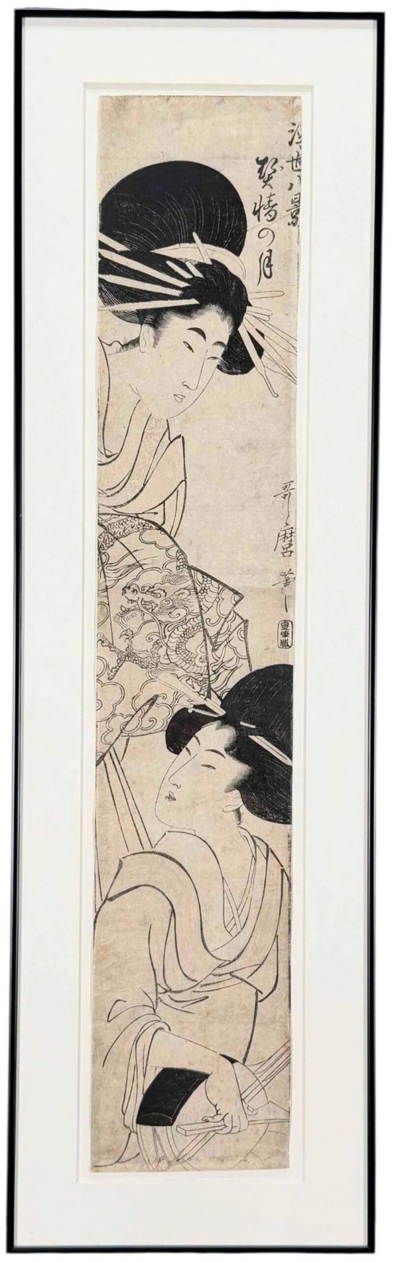 Kitagawa Utamaro (1753-1806), Japanese Hashira-e Woodblock Print, Two Bijin