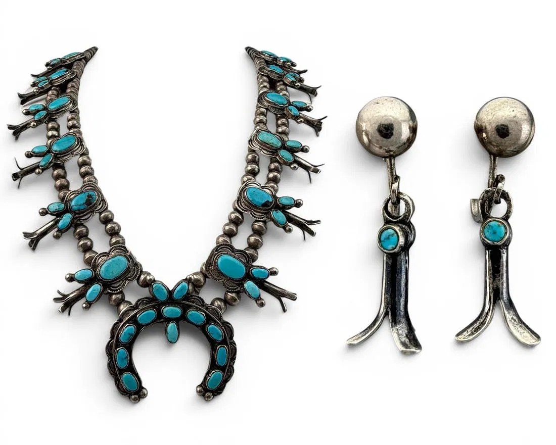 Native American Sterling Silver Turquoise Squash Blossom Necklace & Earrings