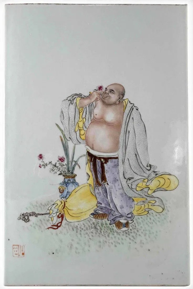 Chinese Porcelain Plaque With Image Of Laughing Buddha (Budai)