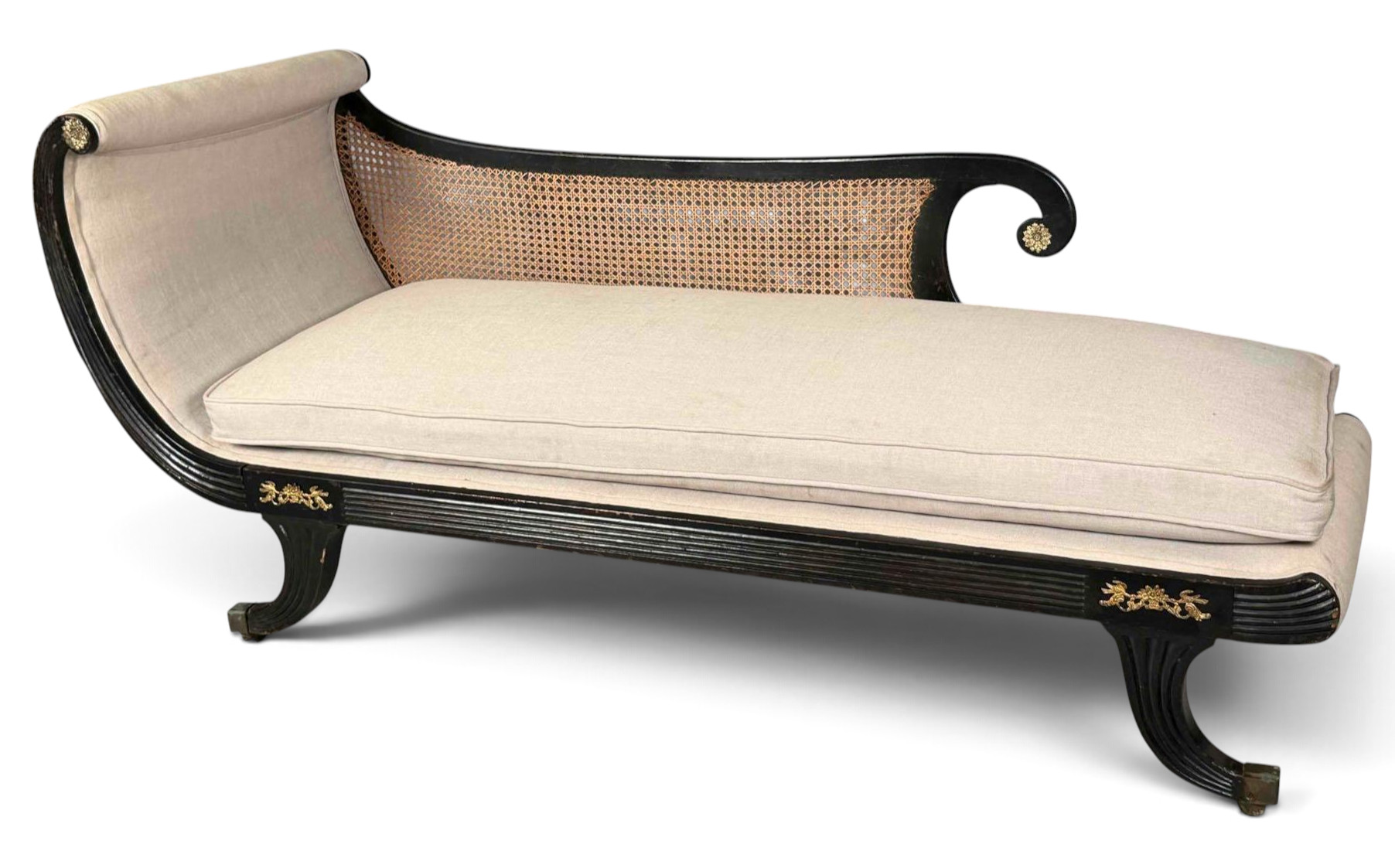 Regency-Style Ebonized And Caned Chaise With Brass Mounts