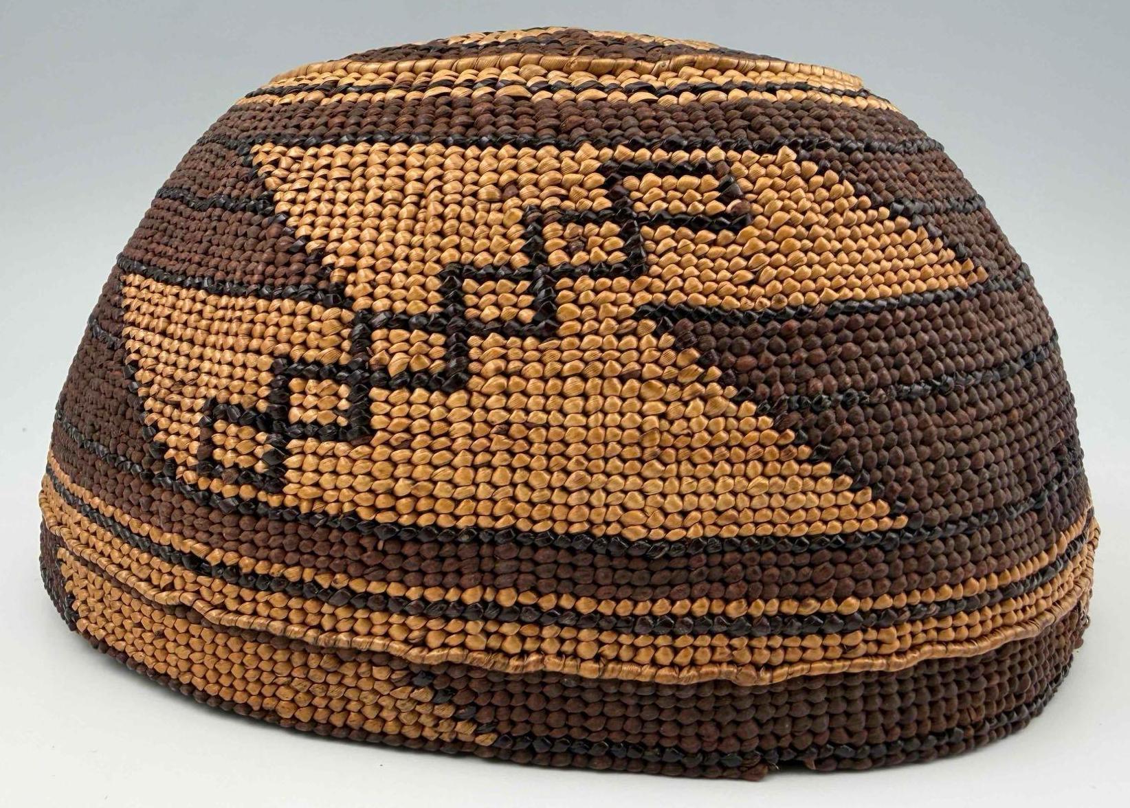 Hupa Native American Basket Hat, Color Reversed Obsidian Blade Pattern