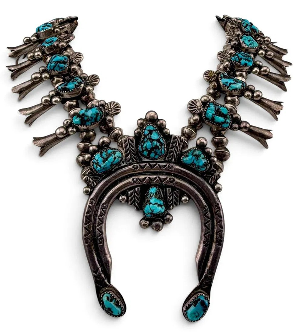 Jimmy Long (Navajo, Dine') Sterling Silver Double Strand Turquoise Squash Blossom Necklace