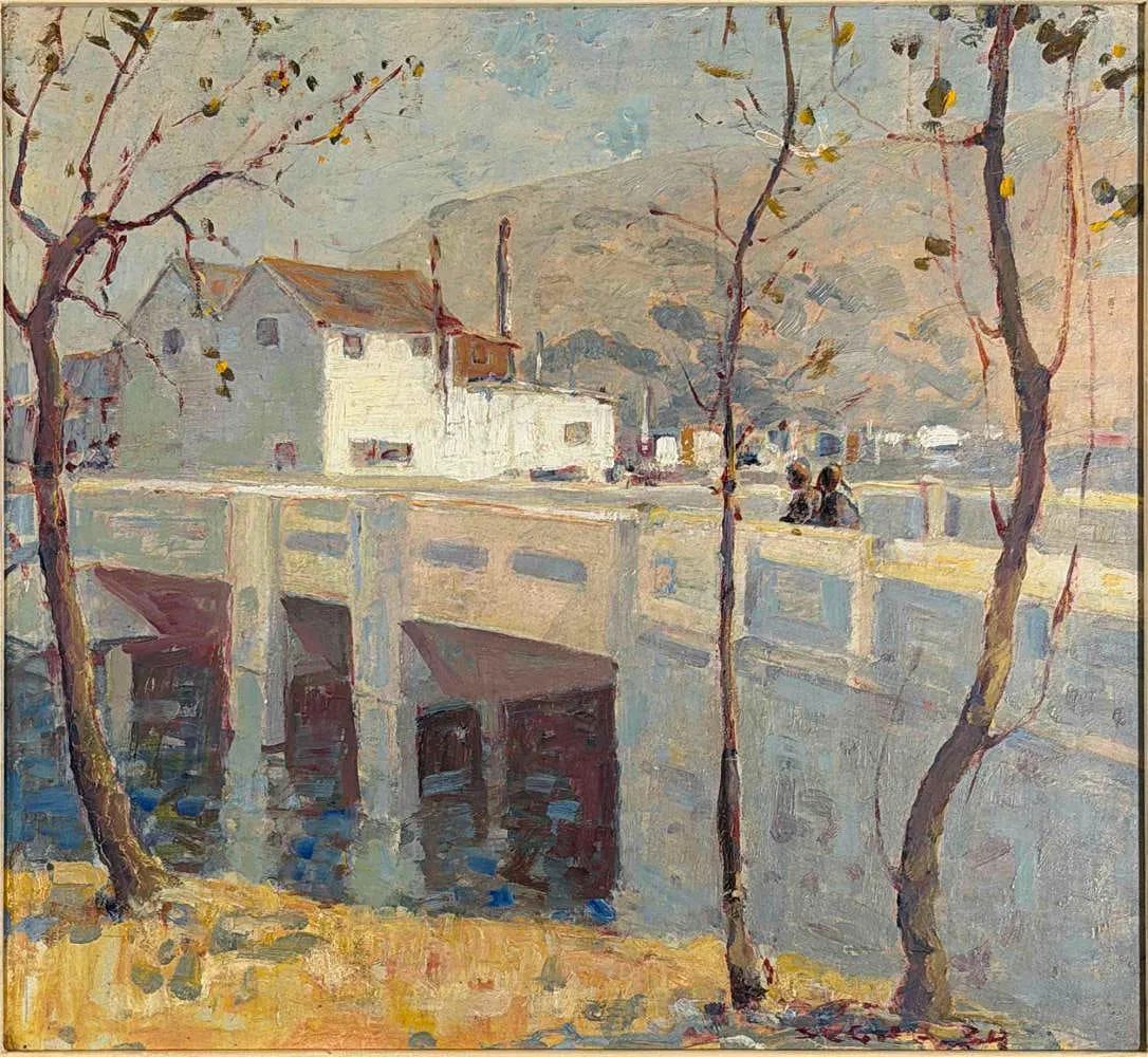 Selden Connor Gile (American, 1877-1947), Laundry Bridge, Oil On Board