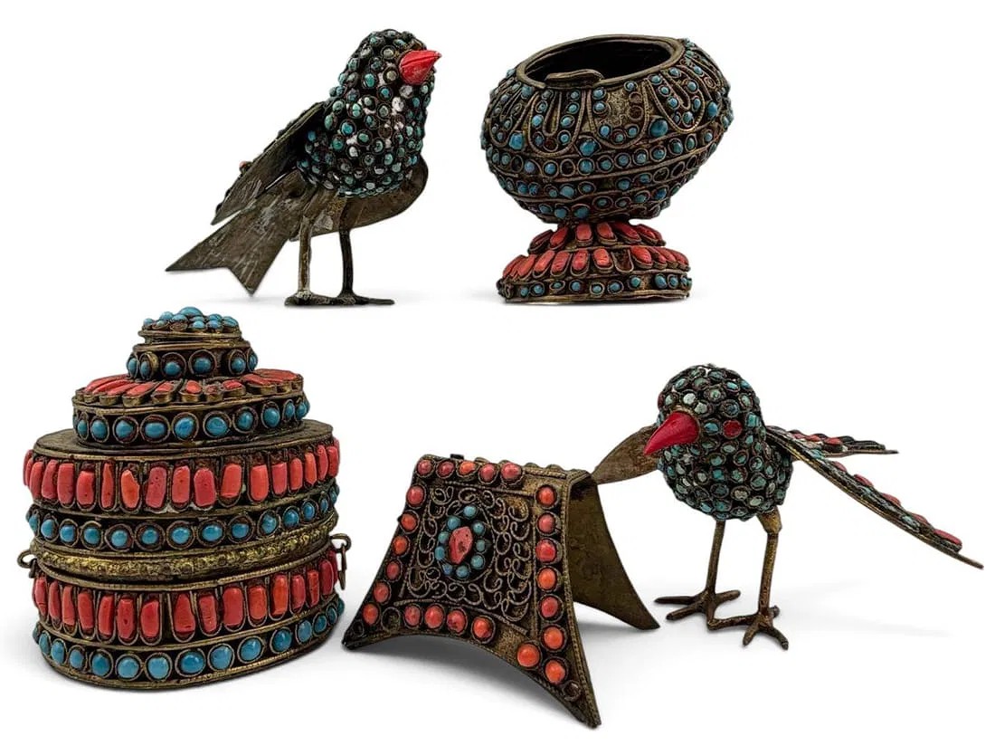 Grouping of Decorative Tibetan Ritual Items with Coral, Turquoise & Glass