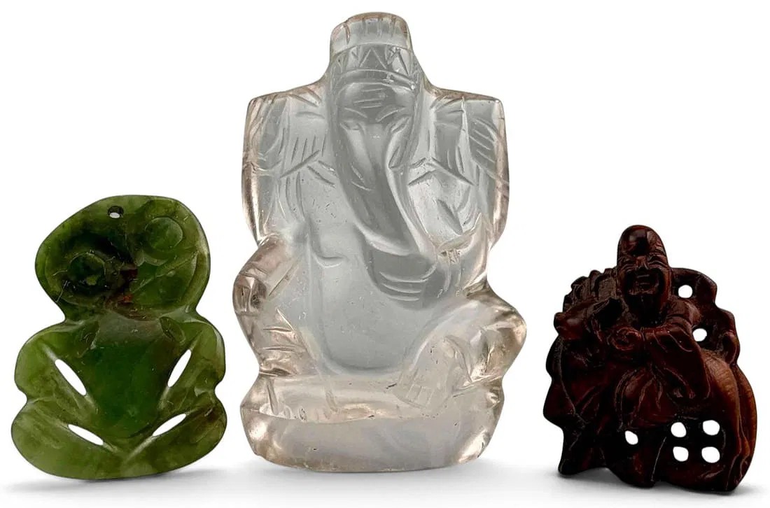 Chinese Carved Hardwood Toggle, Carved Rock Crystal Daoist Imortal or Sage & Hardstone Carving