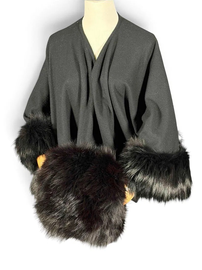 Black Fox Fur Trimmed Shawl And Muff