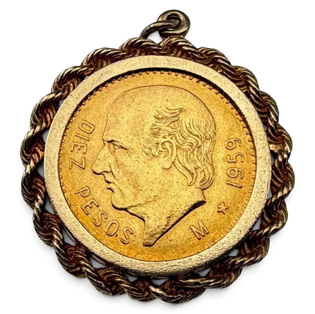 Diez Pesos 1959 Gold Coin, Set in 14k Bezel Charm or Pendant