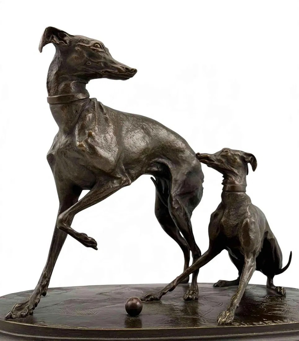 Attributed to Pierre-Jules Mene (French, 1810-1879), Two Whippets, Bronze Sculpture