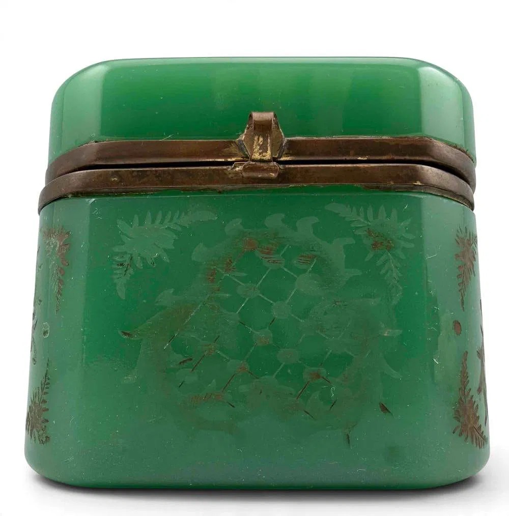 French Parcel Gilt Green Opaline Glass Casket Box