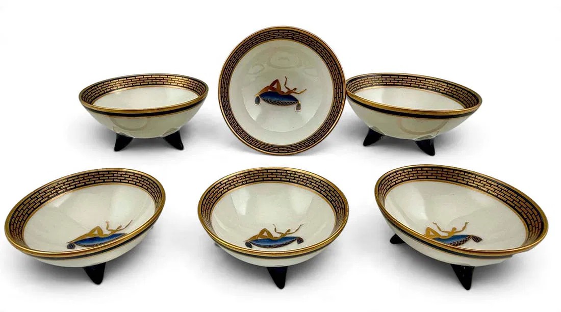 Gio Ponti For Richard Ginori, Set Of Six Art Deco Porcelain Footed Salts or Cups, 1925