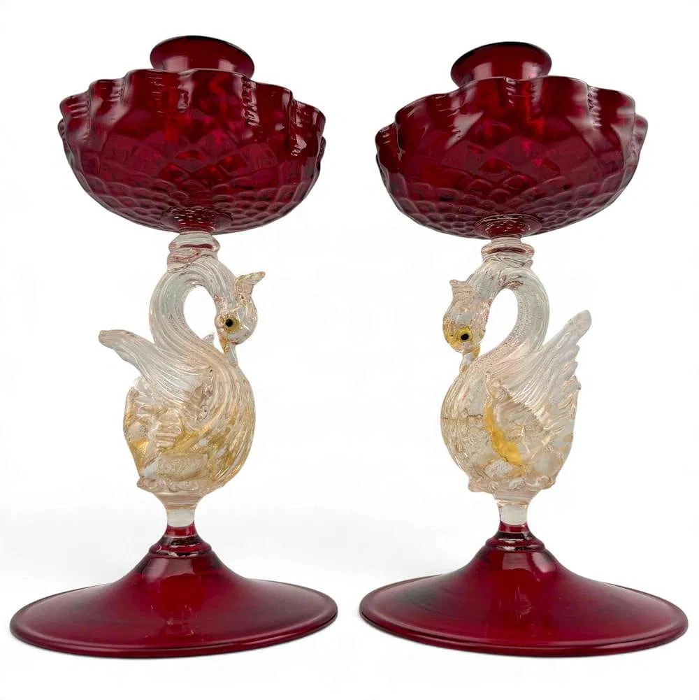 Pair of Hand Blown Murano Glass Swan Candlesticks
